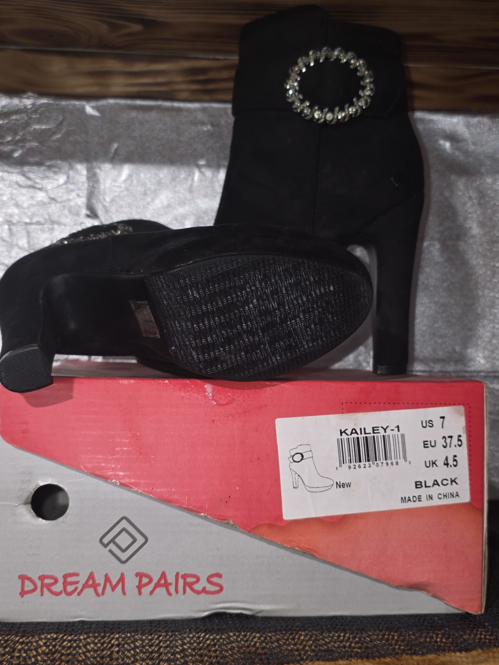 Dream Pairs Black Rhinestone Buckle Suede-Look Ankle Heeled Boots